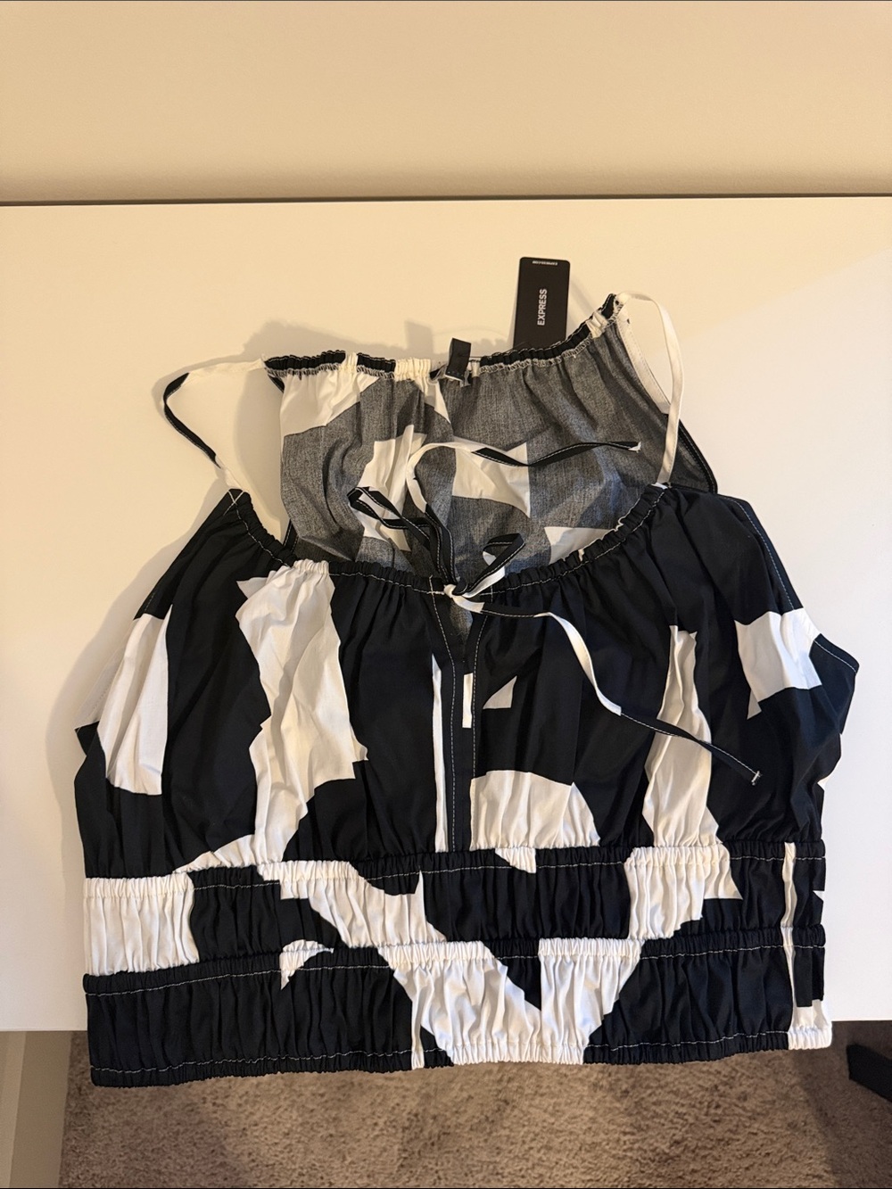 Express Black and White Smocked Halter Crop Top